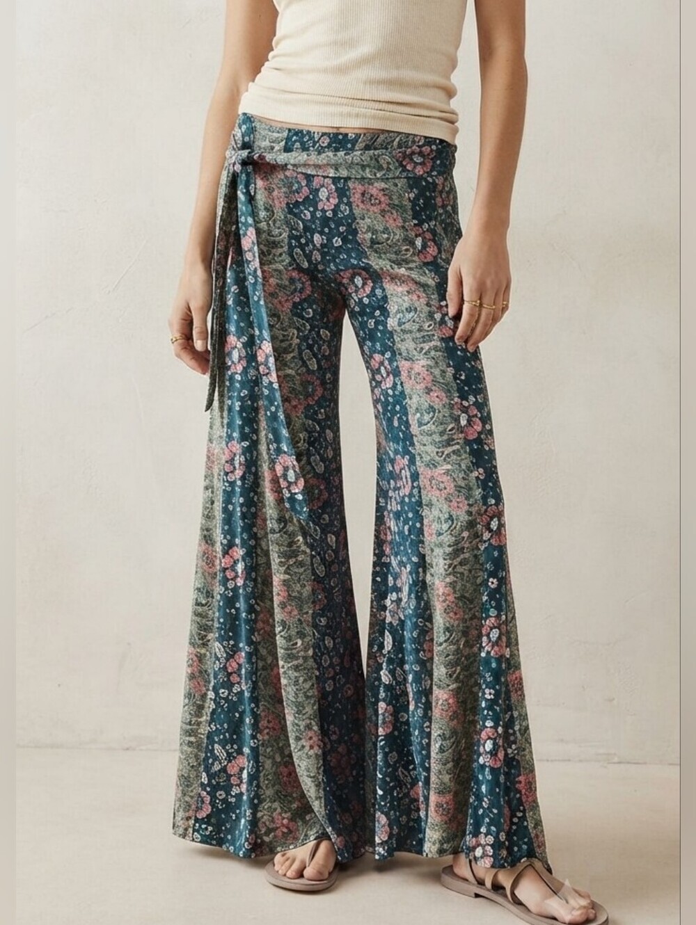 NWT Free People Bali Sultry Wide Flare Leg Boho Pants Belted Elastic Waist Small